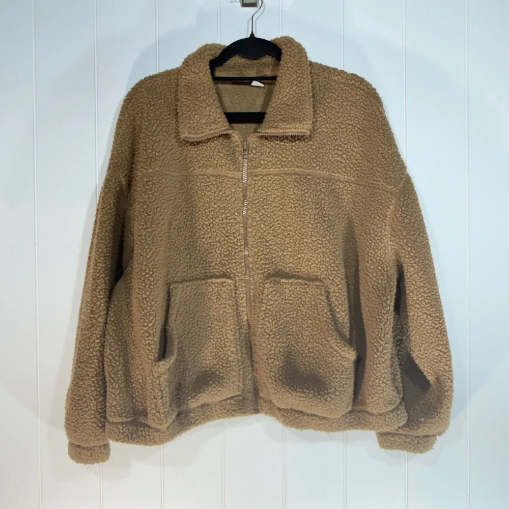 Old Navy Womens Sherpa Fleece Full Zip Jacket Brown Tan Teddy Coat Size M